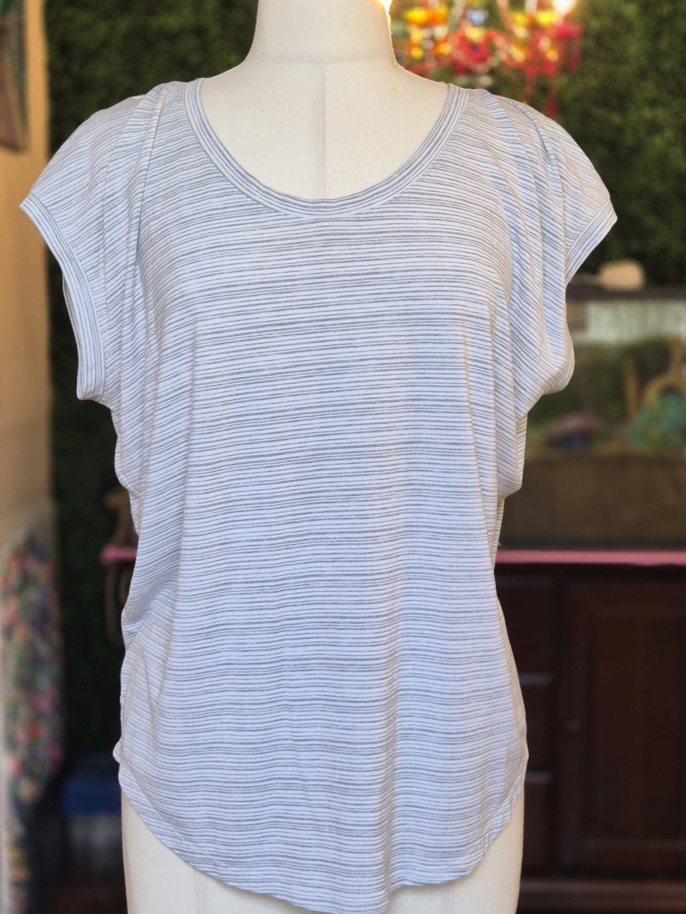Athleta Light Gray & White Striped Short Sleeve Tee